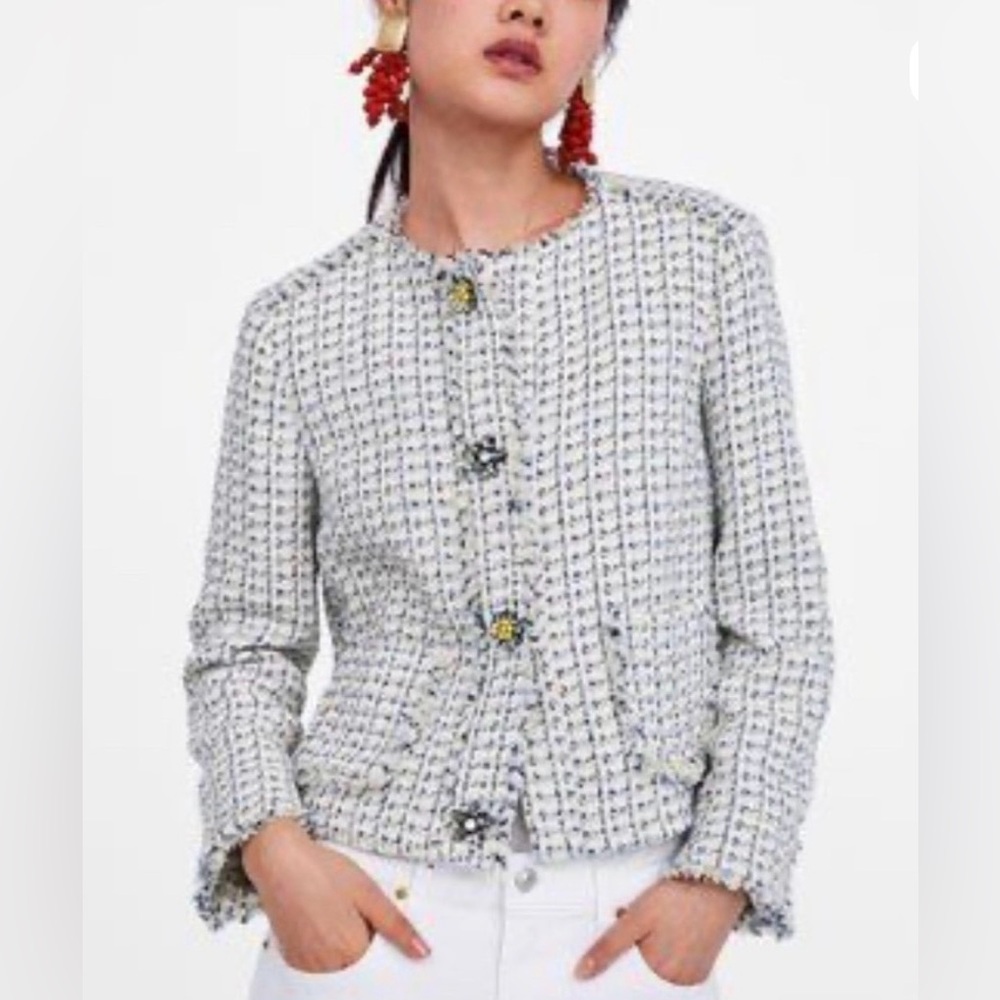 NWT Zara Basics Cream Tweed Style Blazer Flower Button